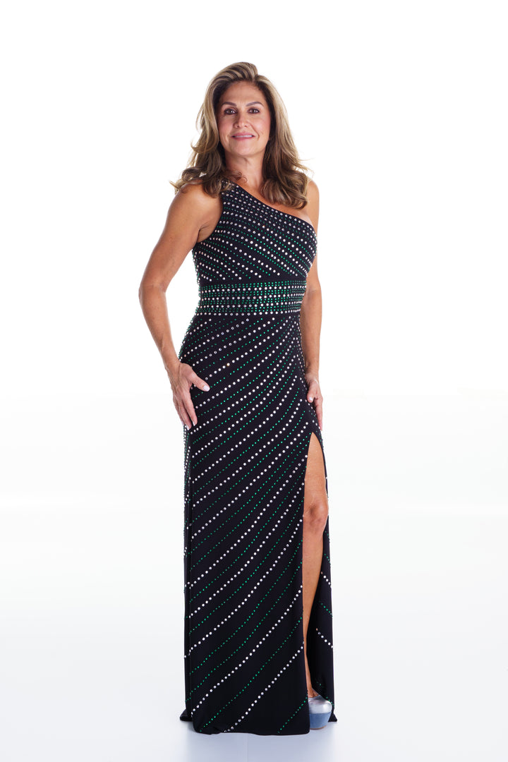 Vestido largo negro one shoulder con tachuelas