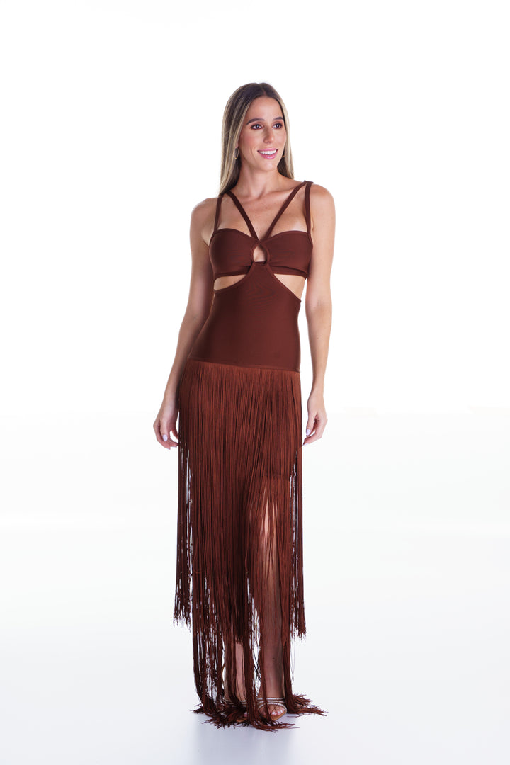 Vestido largo marron de flecos