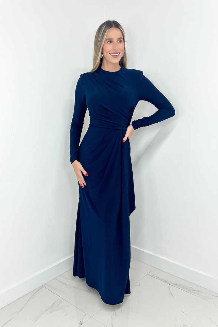 Vestido azul marino manga larga drapeado