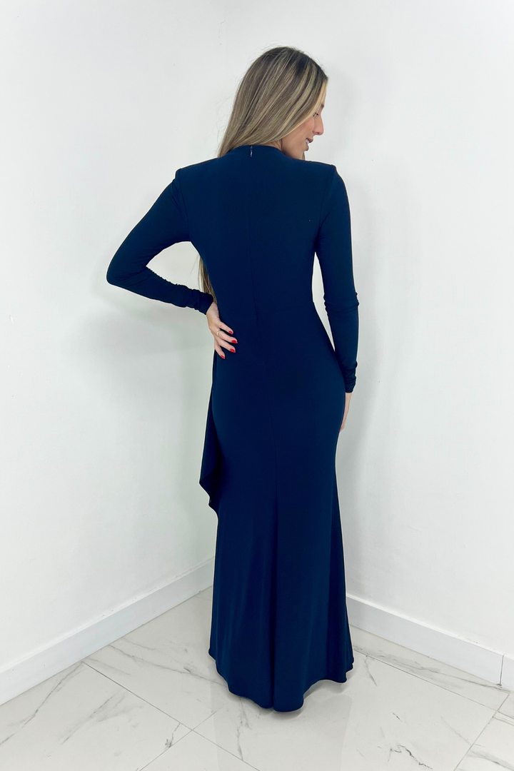 Vestido azul marino manga larga drapeado
