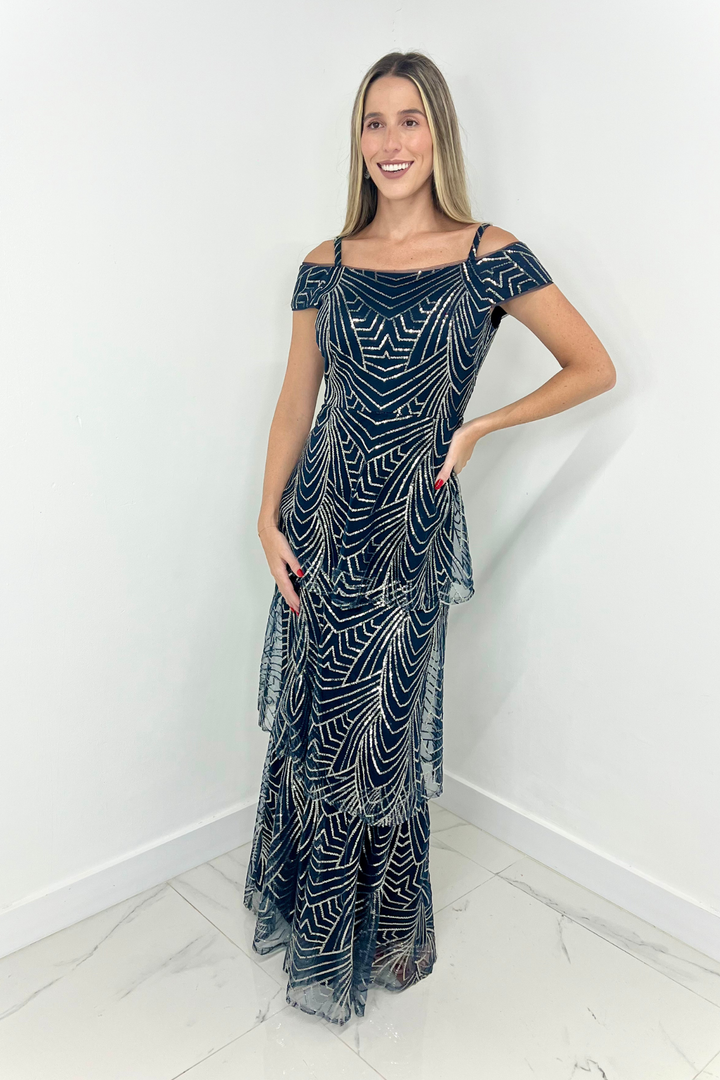 Vestido azul marino con lentejuelas plateadas