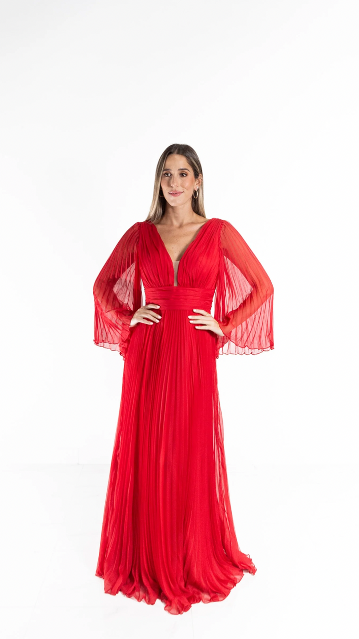 Vestido largo rojo plisado