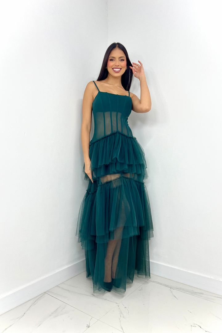 Vestido largo de tul color verde