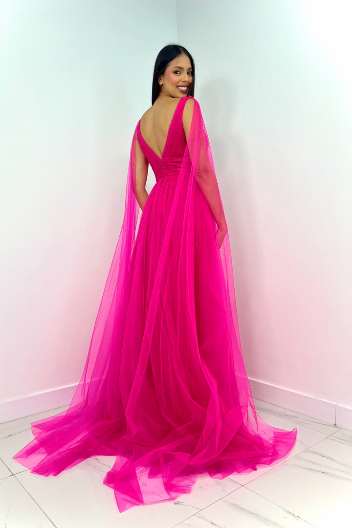 Vestido largo fucsia de tul