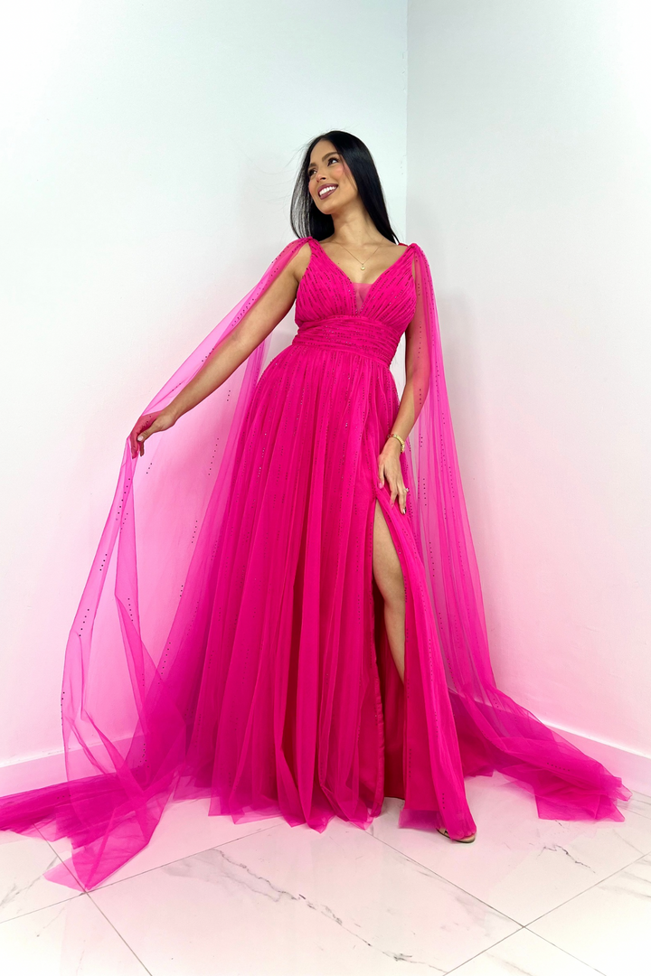 Vestido largo fucsia de tul